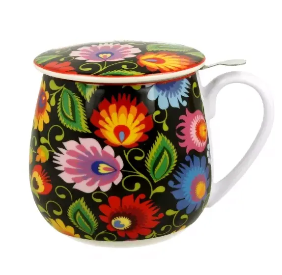 Kubek z zaparzaczem motyw łowickiej wycinanki